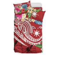 Red tropical duvet cover and two pillow shams, hibiscus and plumeria floral print