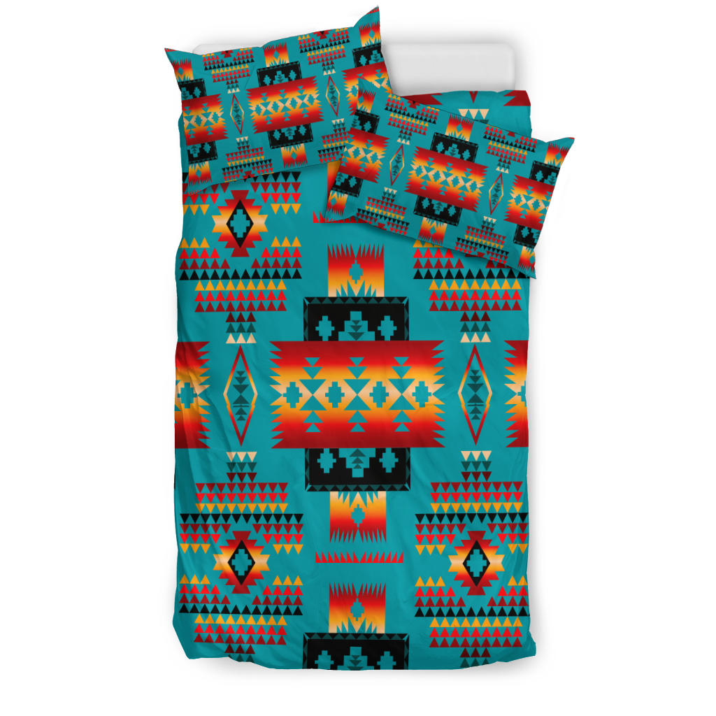 Multicolor bedding set with blue Native Tribes geometric pattern and black accents