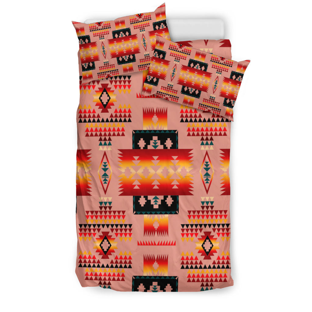 Tan geometric tribal bedding set with bright native-style pattern and matching pillowcase