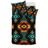 Black native-inspired geometric bedding set with red, orange, teal, yellow diamond patterns