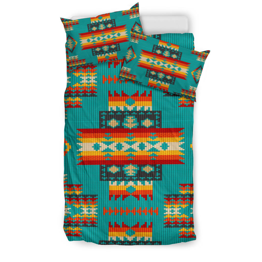Bed set, teal base with multicolor Native American geometric pattern, corner print
