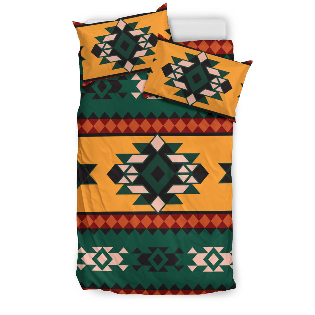 Multicolor Aztec geometric bedding set with patterned comforter and matching pillowcases