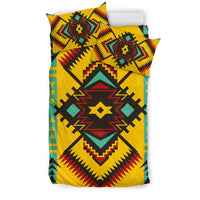 Yellow abstract geometric bedding set with two patterned pillowcases, multicolor Native-style