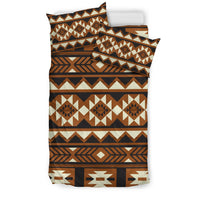 Brown Native American bedding set with multicolor geometric pattern, two pillowcases