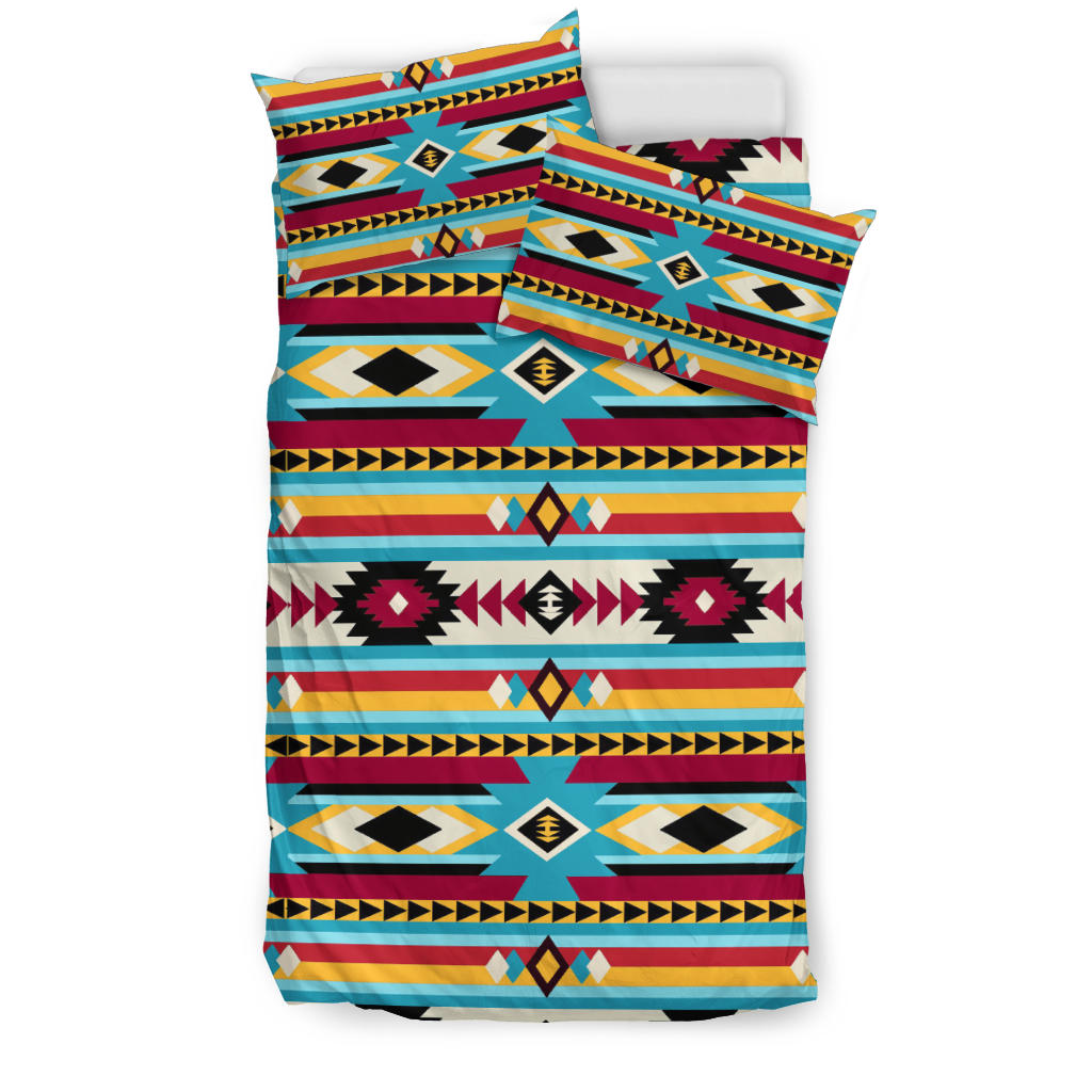 Bedding set with blue/red multicolor geometric Native American pattern, comforter front
