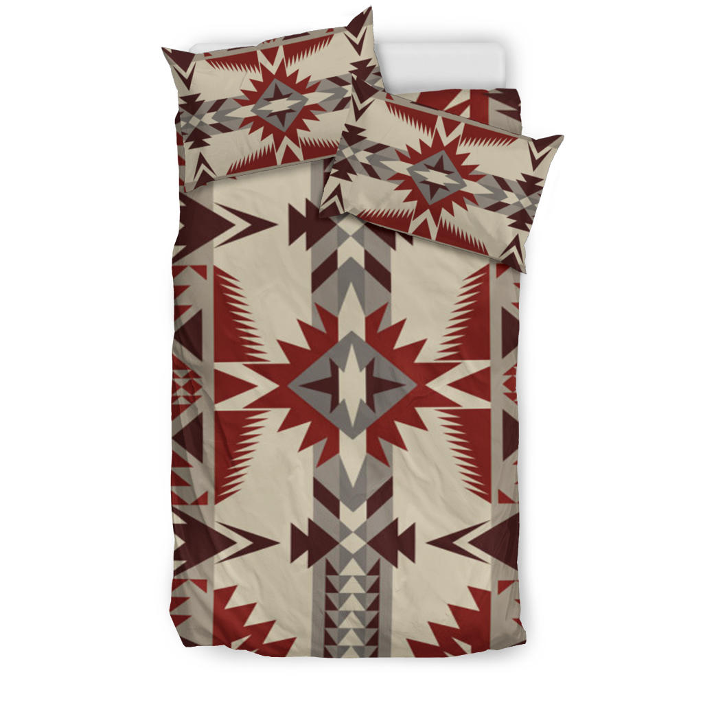 Native American pattern bedding set with red, brown, gray, and white geometric design