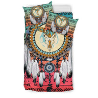 Native American arrow dreamcatcher bedding set, multi-color with feather motifs and two pillows