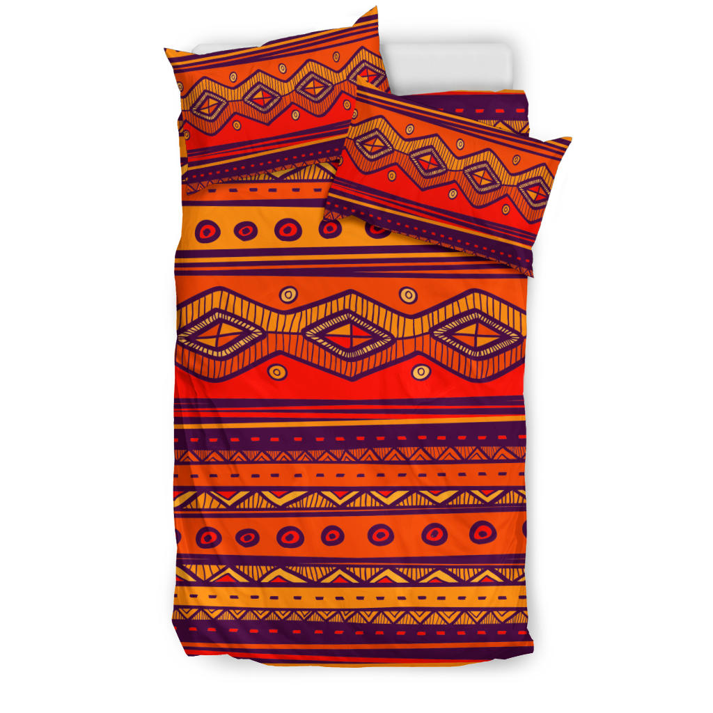 Orange Native American pattern bedding set with diamond and stripe motifs, multicolor