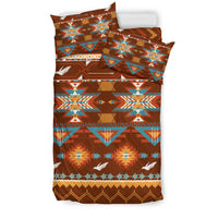 Rust brown Native American bird bedding set with geometric stripes and white bird accents