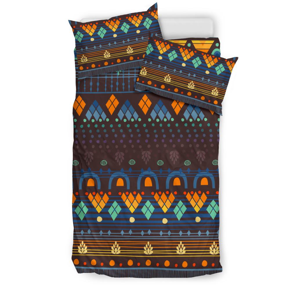 Native American style bedding set with blue and brown base, orange teal and green geometric patterns