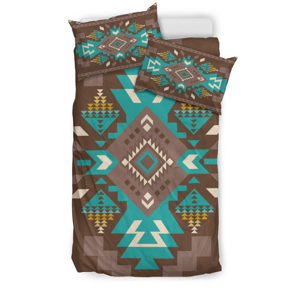 Bettwäscheset braun mit blau-türkisem Ethno-Muster und 2 Kissenbezügen, Multicolor