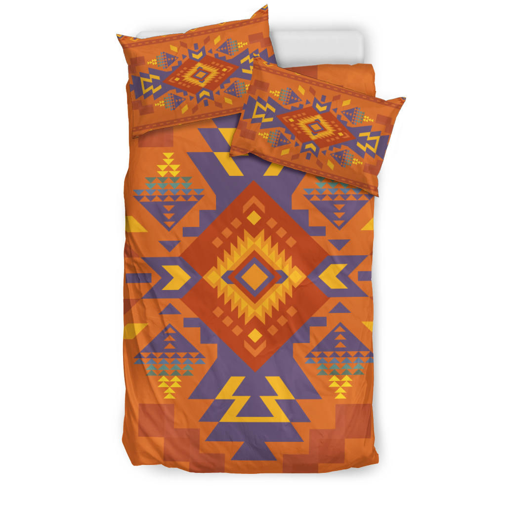 Orange bedding set with multicolor Native American geometric pattern and matching pillowcases
