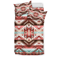 Red, teal and white tribal Native American bedding set with geometric pattern and sham pillows