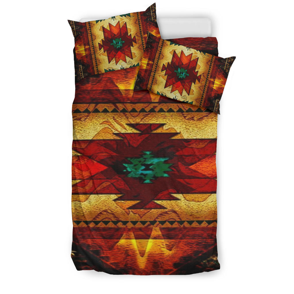 Colorful native-style bedding set with two pillows, geometric star pattern