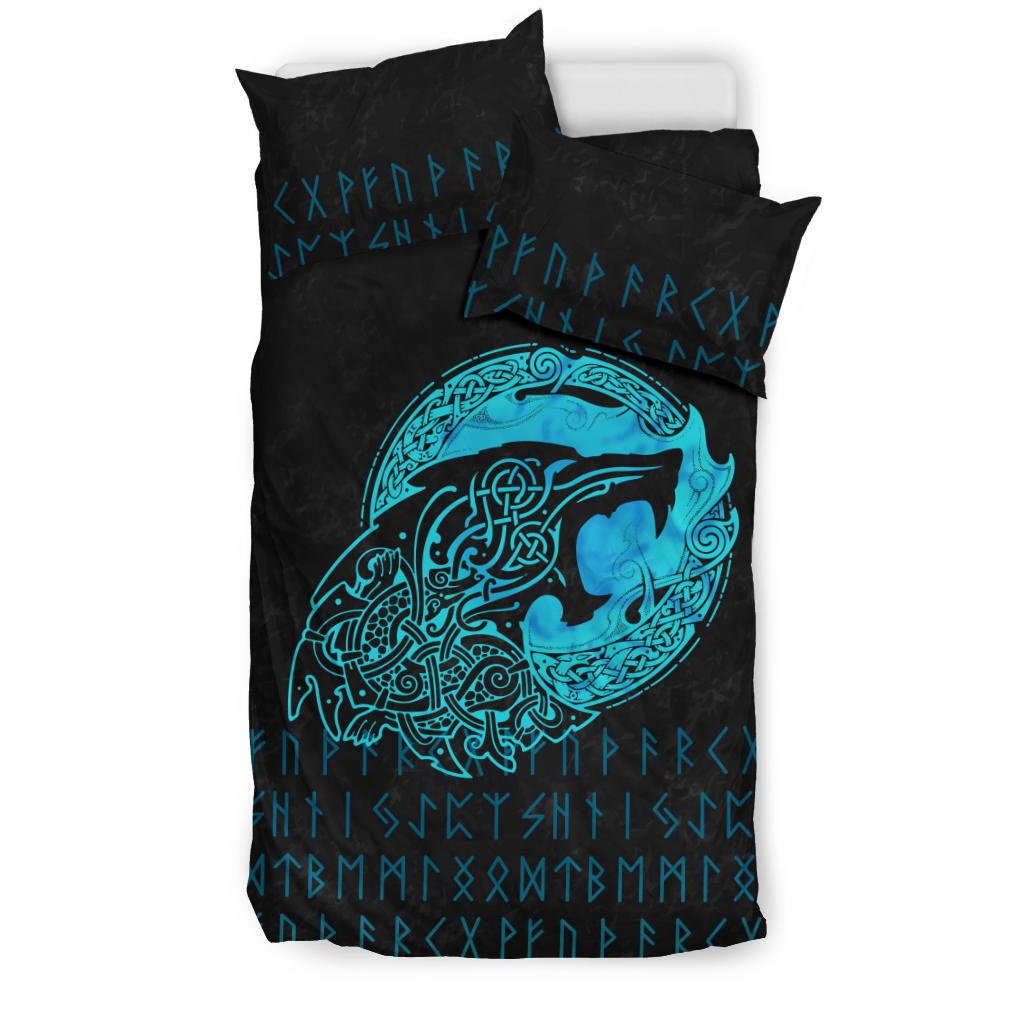 Black duvet with large cyan wolf graphic and rune pattern, two matching pillows