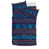 Native American style bedding set with teal and navy geometric tribal pattern