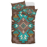 Bedding set with multicolor geometric Native American pattern on brown base