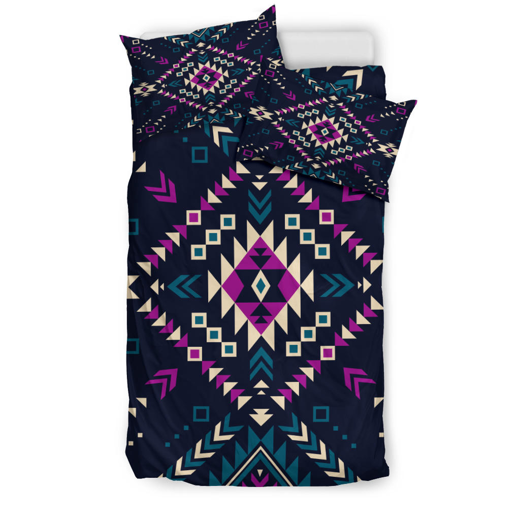Dark tribal bedding set with multicolor diamond and arrow geometric patterns, includes shams