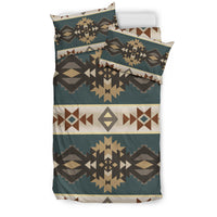 Teal geometric bedding set with Navajo-style diamond and star patterns, multicolor.