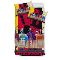 Native American bedding set with yellow, red, black, and beige Native figure print; 2 pillows