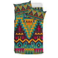 Geometric Native-style bedding set with orange, teal, emerald, and magenta patterns