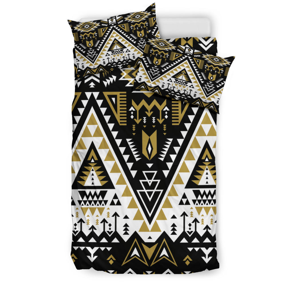 Multicolor tribal patterned bedding set, black white and gold geometric fabric