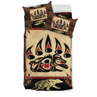 Bedding set with bear-face tribal print duvet and two matching pillow shams, cream base