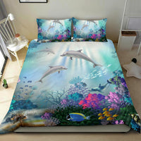 Dolphin ocean bedding with two printed pillowcases, colorful coral reef and sea creatures