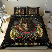 Black wolf dreamcatcher bedding set with large centered wolf face and feathered ring pattern