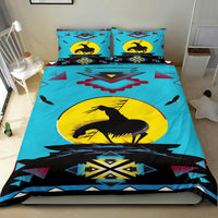 Turquoise bedding set with black horse silhouette, yellow sun, geometric patterns, 2 pillows