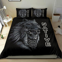 Black bedding set with Native skull horse head graphic and vertical NAT...VE letters