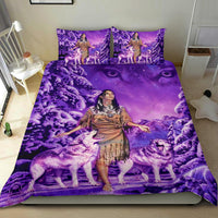 Purple bedding set with Native girl and wolves print on bedspread and pillows