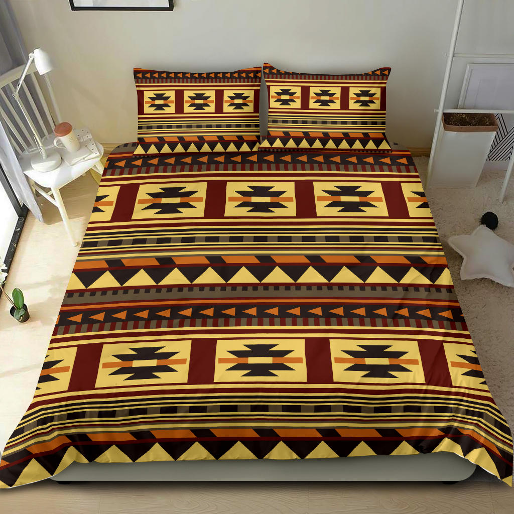 Native American inspired bedding set with multicolor geometric print and two matching shams