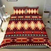 Red tribal bedding set with pillowcases; multicolor chevrons, arrow motifs, and diamond dots