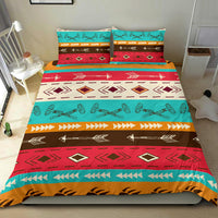 Colorful duvet cover with turquoise, red, and brown tribal pattern plus two sham pillowcases