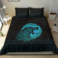 Black bedding set with cyan wolf emblem and rune pattern, two matching pillows