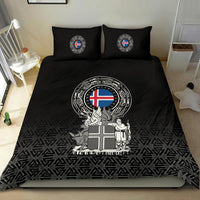 Black bedding set with Iceland coat of arms crest on duvet and matching pillows