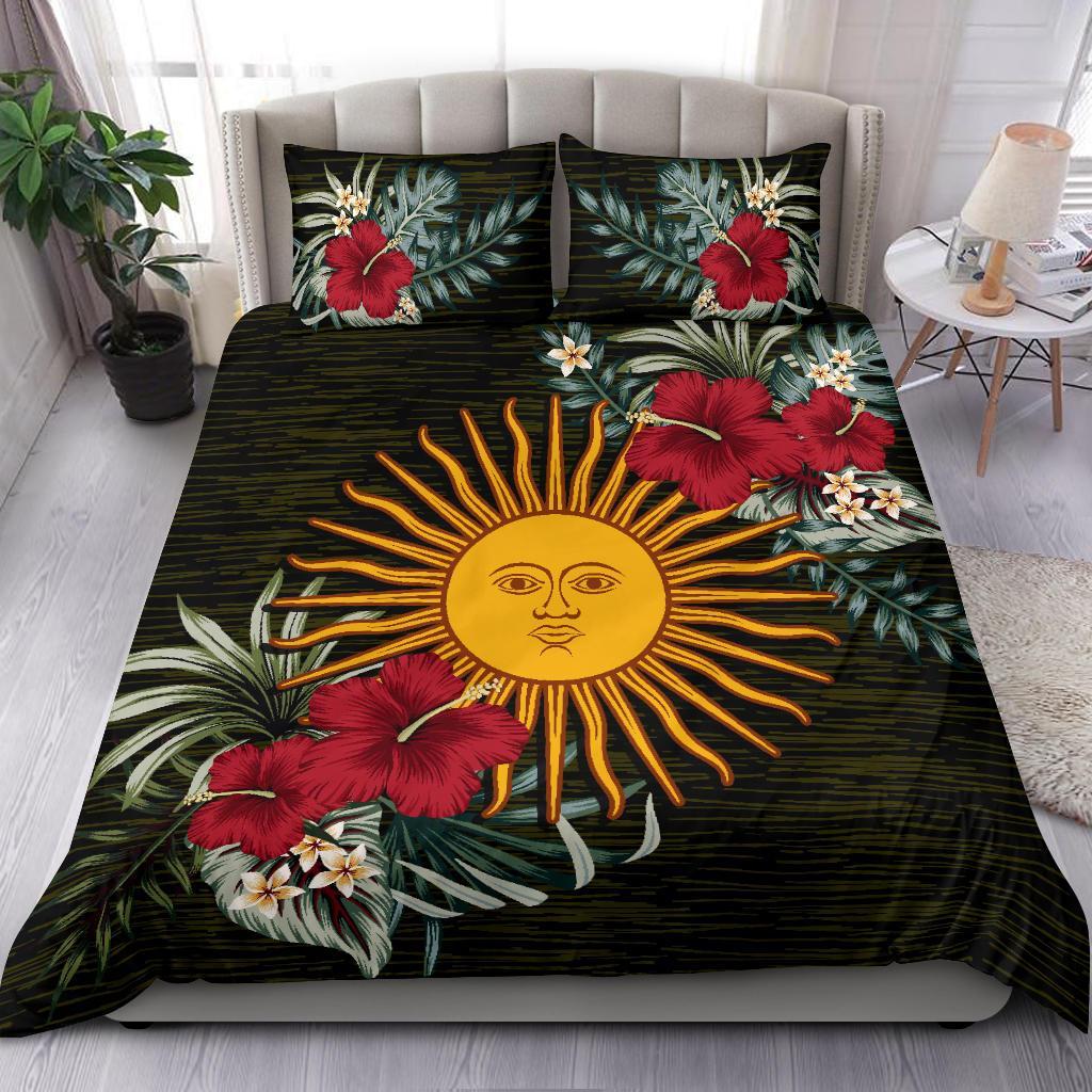 Art bedding set with two pillows: red hibiscus, yellow sun rays, green tropical leaves