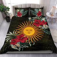 Art bedding set with two pillows: red hibiscus, yellow sun rays, green tropical leaves