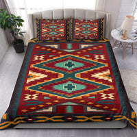 Red geometric bedding set featuring teal cross diamond centers and multicolor borders