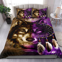 Wolf face bedding set with purple dreamcatcher design on duvet and two pillows