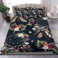 Navy duvet cover with multicolor roses, feathers, and dreamcatcher hoops