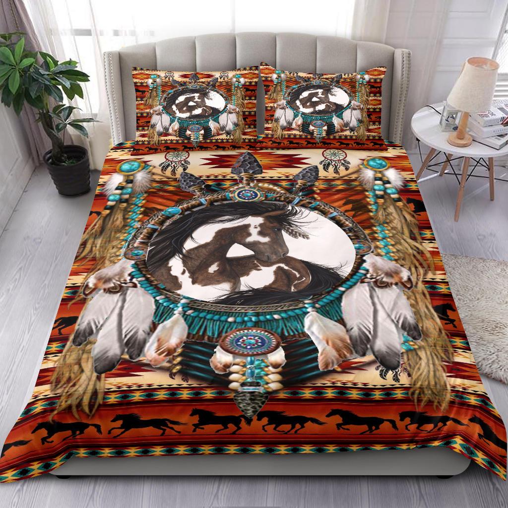 Dreamcatcher horse duvet and pillowcases in orange brown teal with beaded ring and feathers