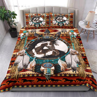 Dreamcatcher horse duvet and pillowcases in orange brown teal with beaded ring and feathers