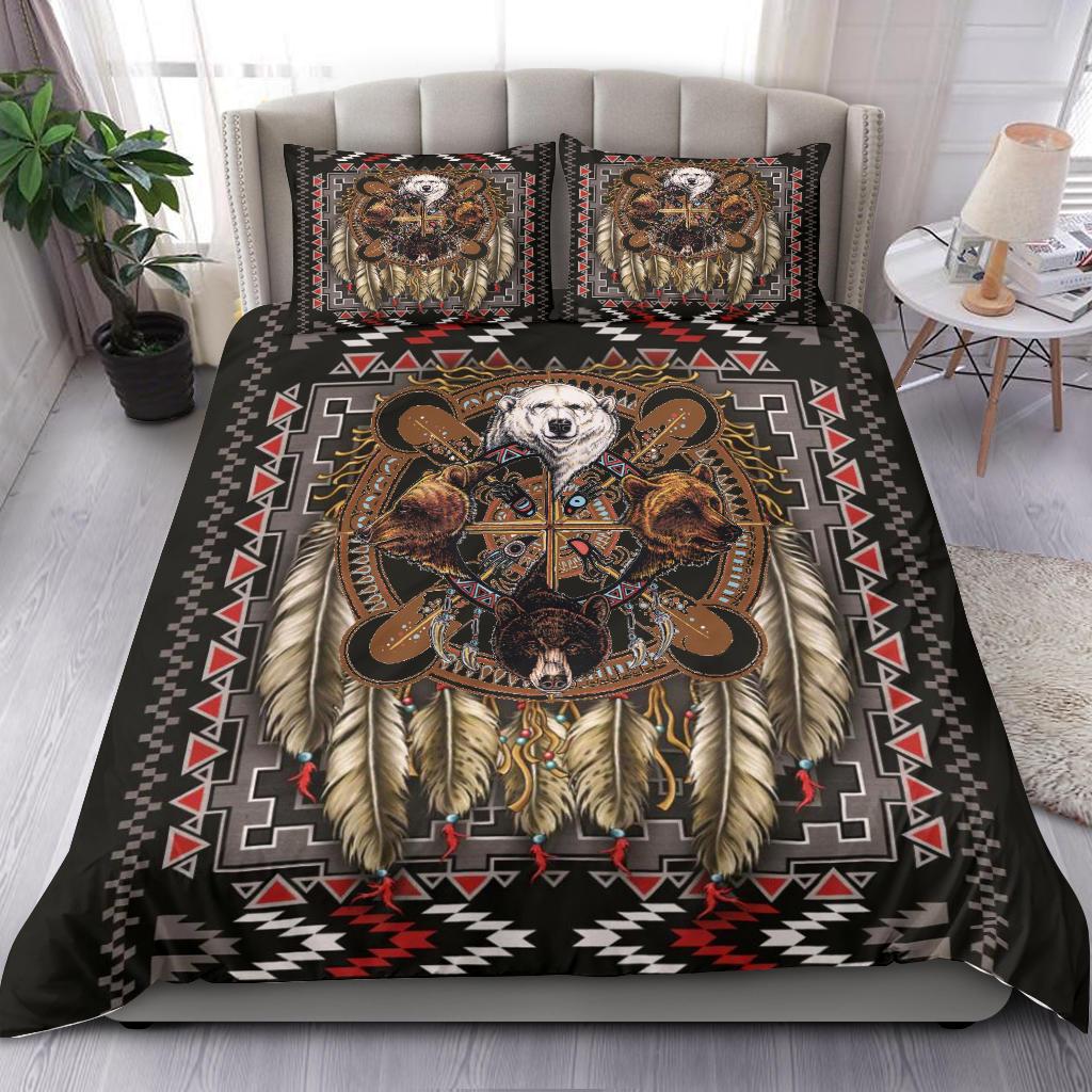 Bedspread and two matching pillows, multicolor bear totem graphic on black