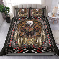 Bedspread and two matching pillows, multicolor bear totem graphic on black