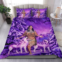Purple bedding set featuring Native girl and wolves, two pillowcases visible