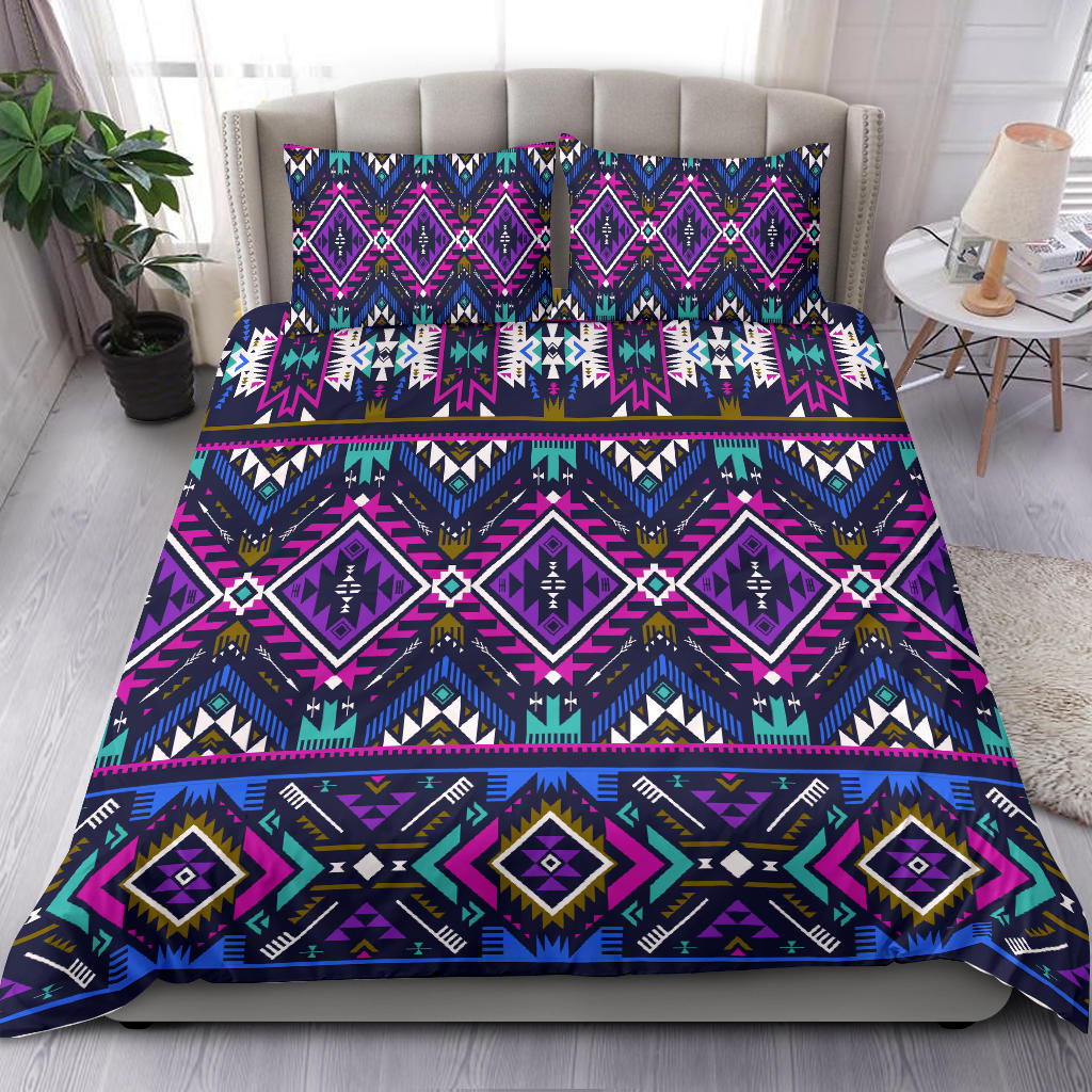 Purple-blue Native-inspired tribal bedding set, colorful diamond motifs on comforter