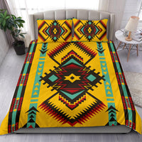 Multicolor geometric bedding set, two square pillowcases with red and teal accents on yellow