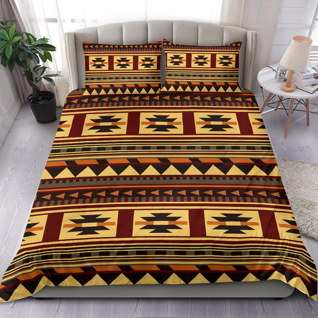Multicolor geometric bedding set with quilted look comforter and two decorative pillow shams